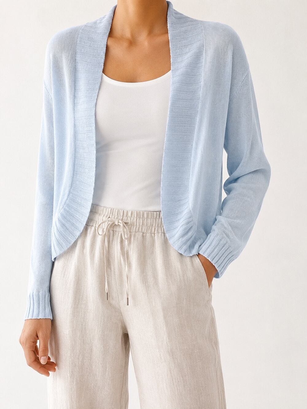 NIC + ZOE Linen Blend Open Front Cardigan Light Blue Large Coastal Layer